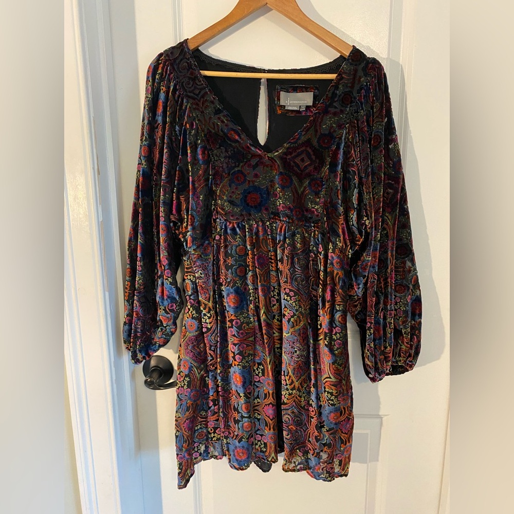 Anthropologie Multicolor Velvet Floral Puff Sleeve Mini Dress (Black Base)